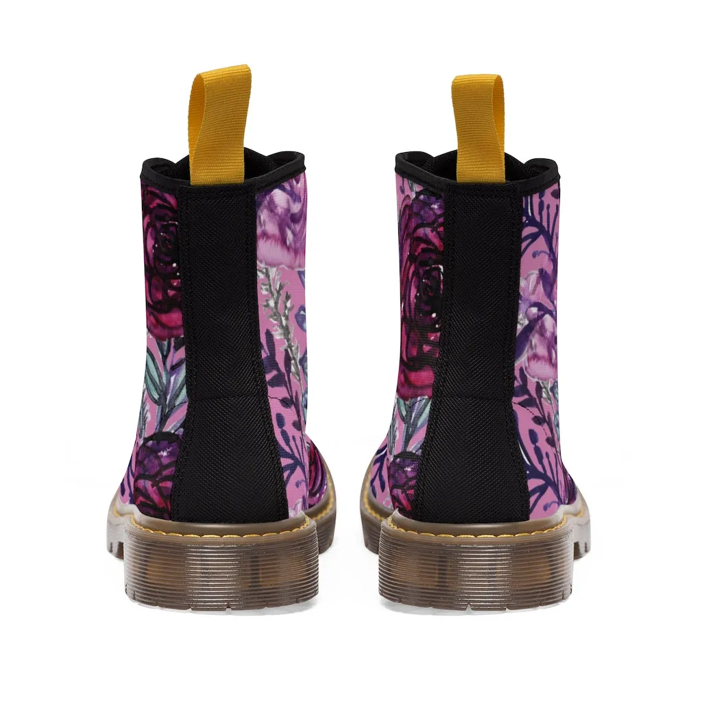 Pink Rose Floral Women's Boots, Purple Chic Flower Print Hiking Combat Laced-up Winter Boots For Ladies