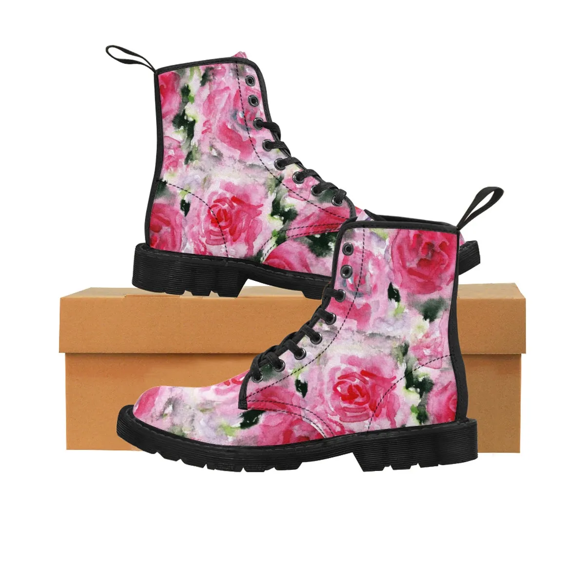 Pink Rose Floral Women's Boots, Winter Lace-up Toe Cap Boots Hiking Shoes (US 6.5-11)