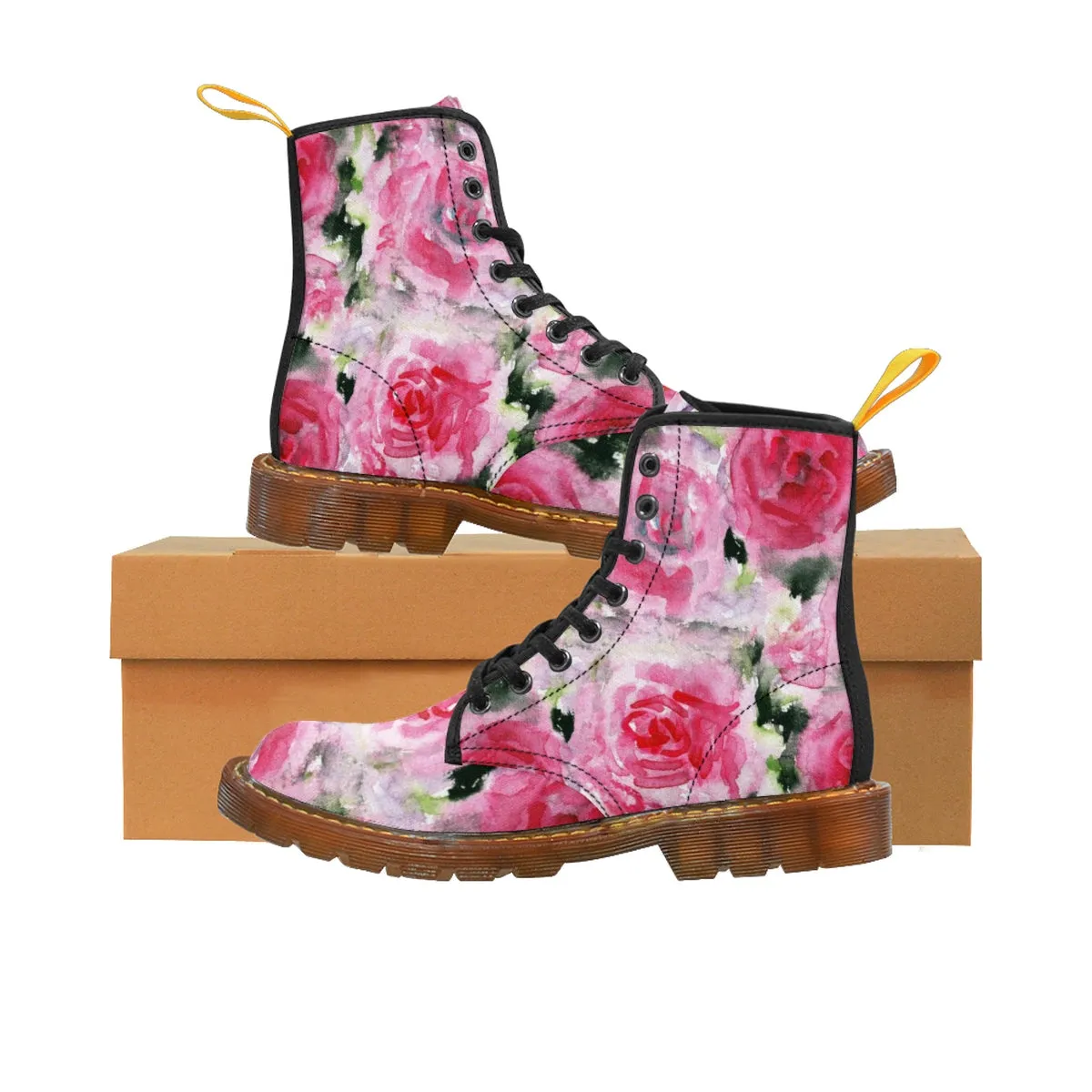 Pink Rose Floral Women's Boots, Winter Lace-up Toe Cap Boots Hiking Shoes (US 6.5-11)