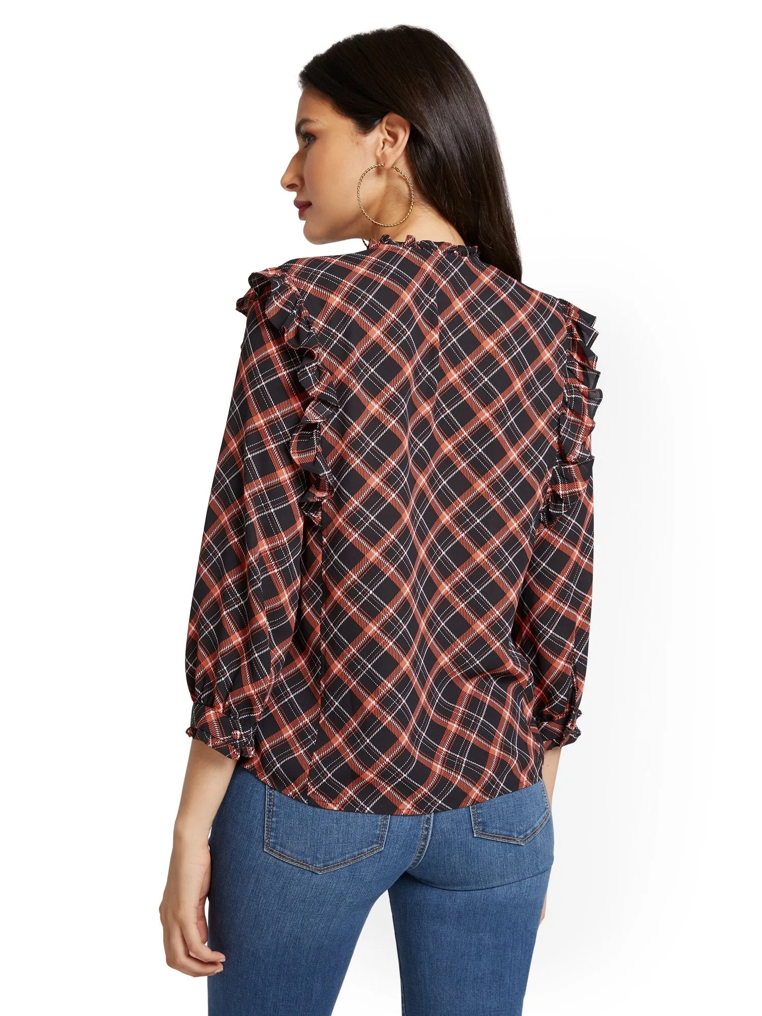 Plaid Ruffle-Front Blouse