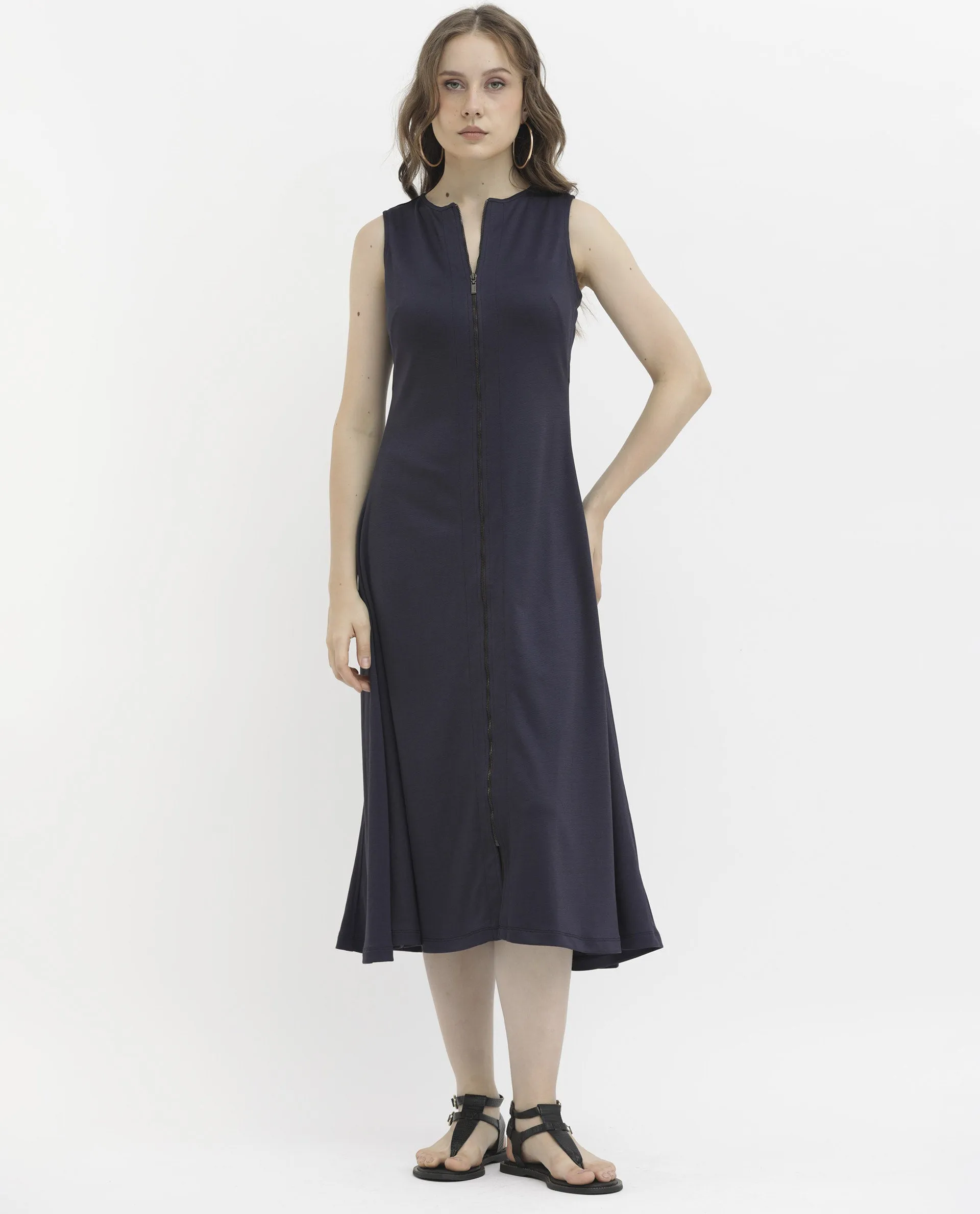 Rareism Women Shoko Dark Blue Polyester Fabric Zip Closure Round Neck Sleeveless Regular Fit Plain Midi A-Line Dress