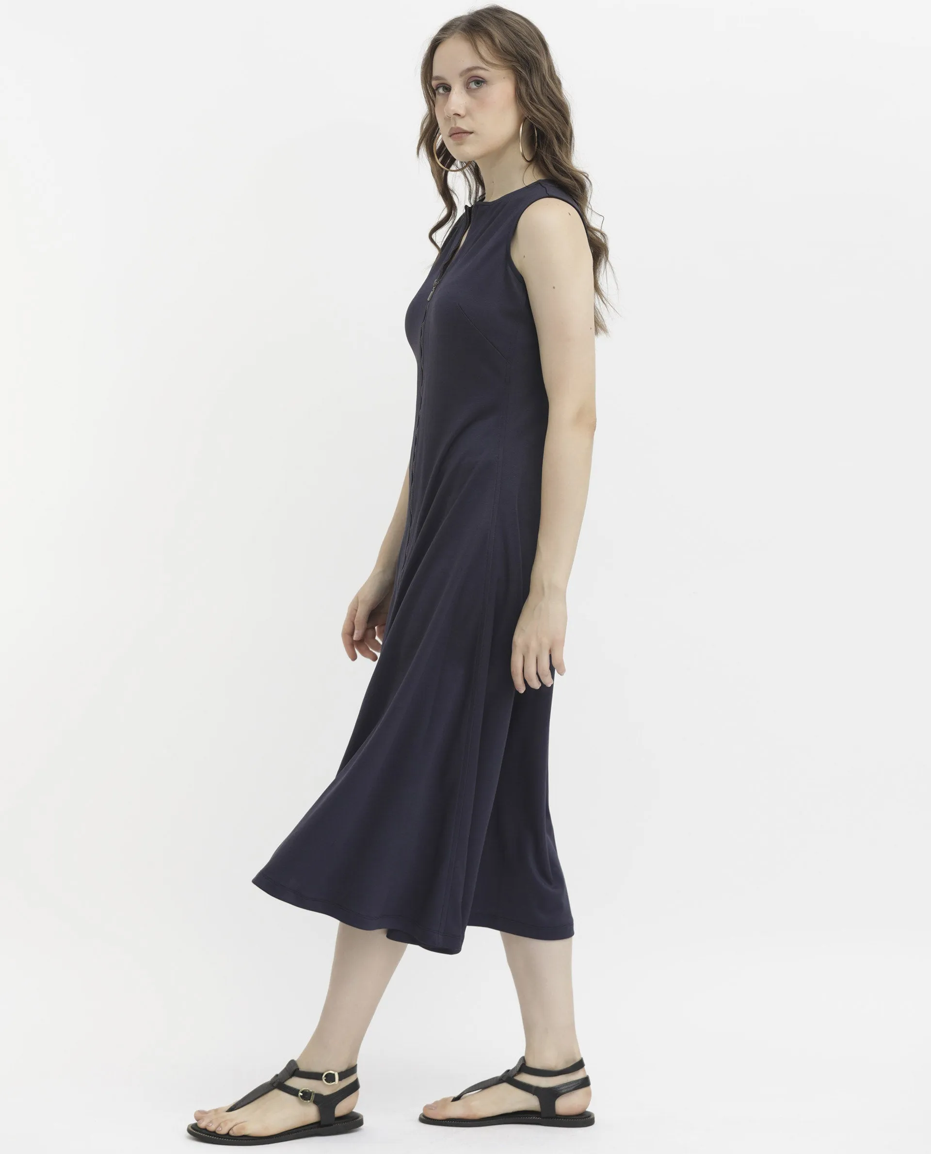 Rareism Women Shoko Dark Blue Polyester Fabric Zip Closure Round Neck Sleeveless Regular Fit Plain Midi A-Line Dress