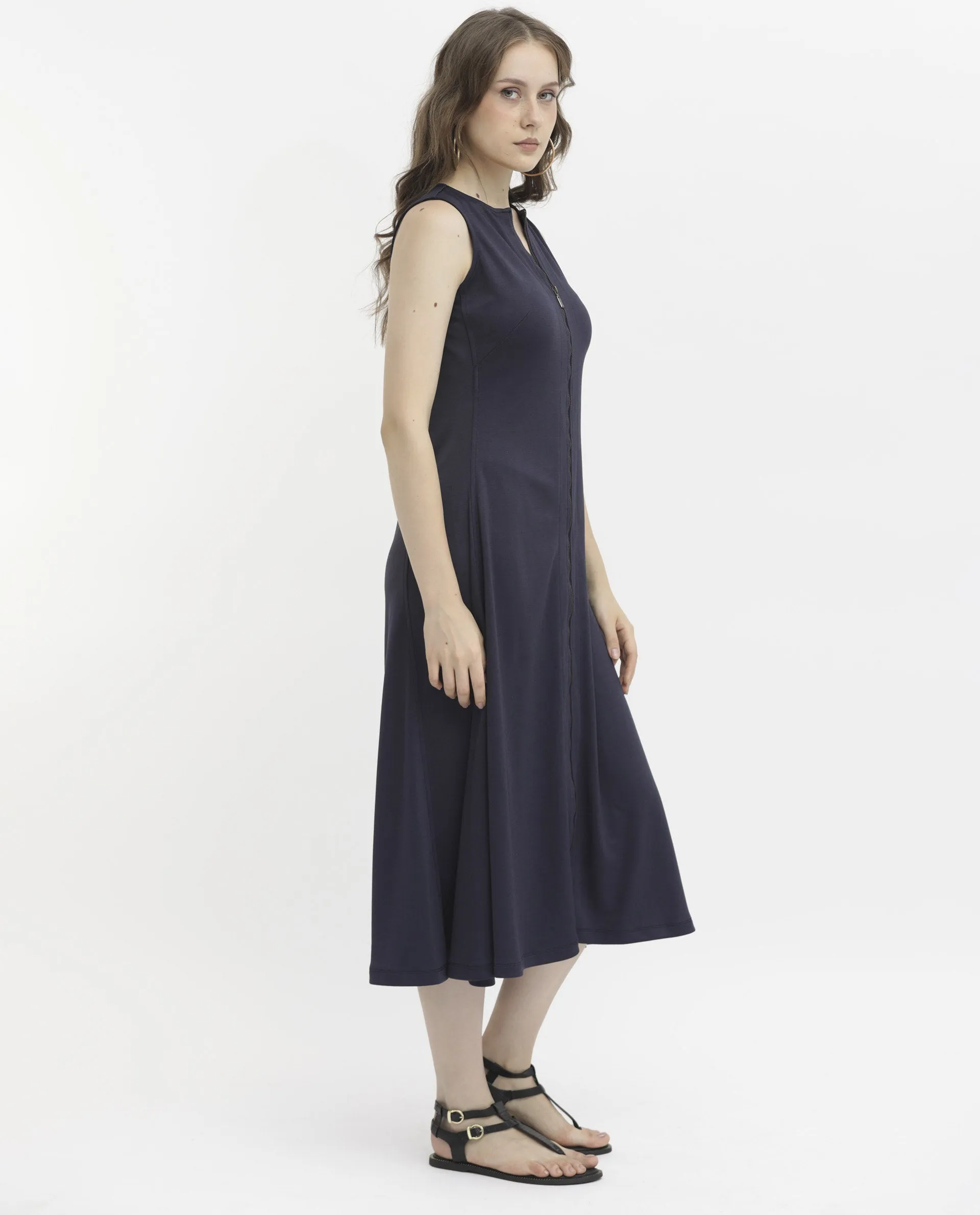 Rareism Women Shoko Dark Blue Polyester Fabric Zip Closure Round Neck Sleeveless Regular Fit Plain Midi A-Line Dress