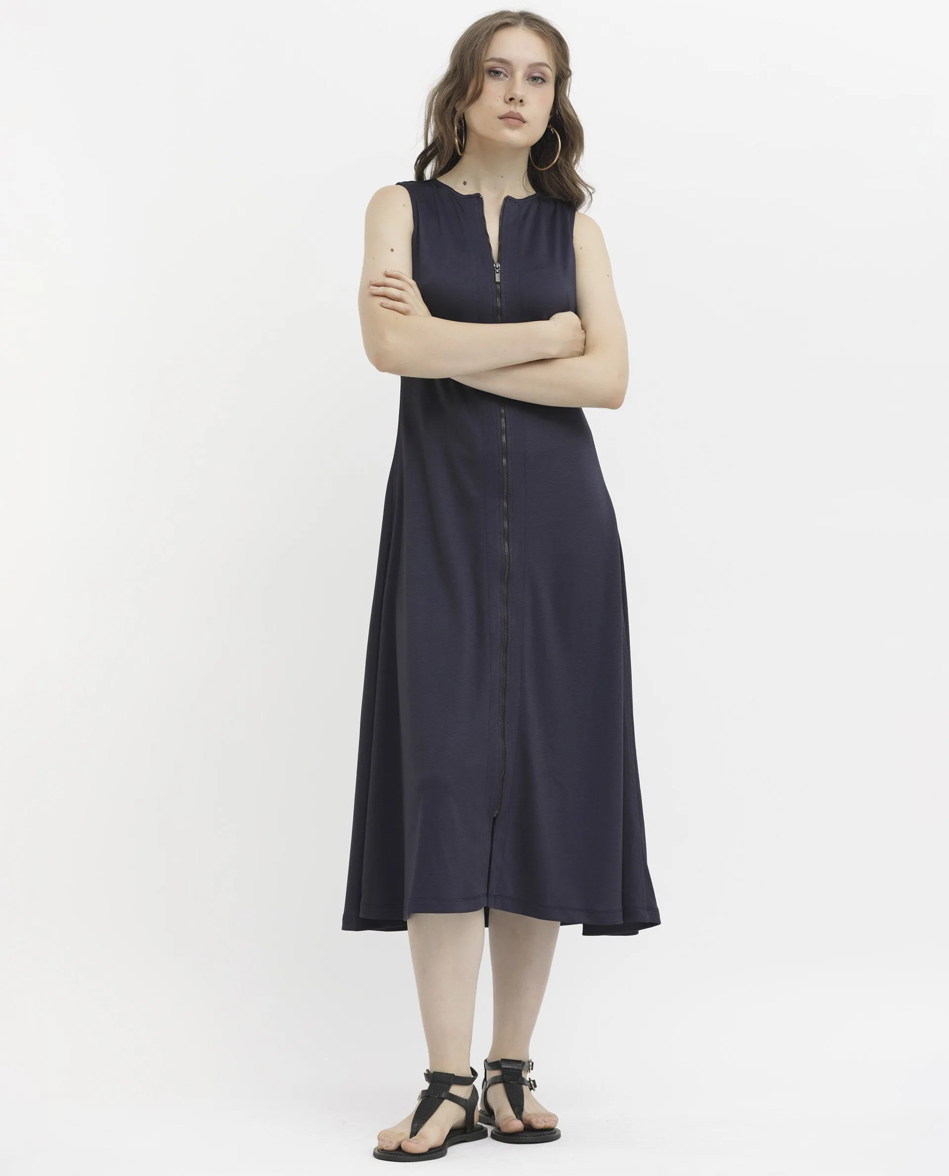 Rareism Women Shoko Dark Blue Polyester Fabric Zip Closure Round Neck Sleeveless Regular Fit Plain Midi A-Line Dress