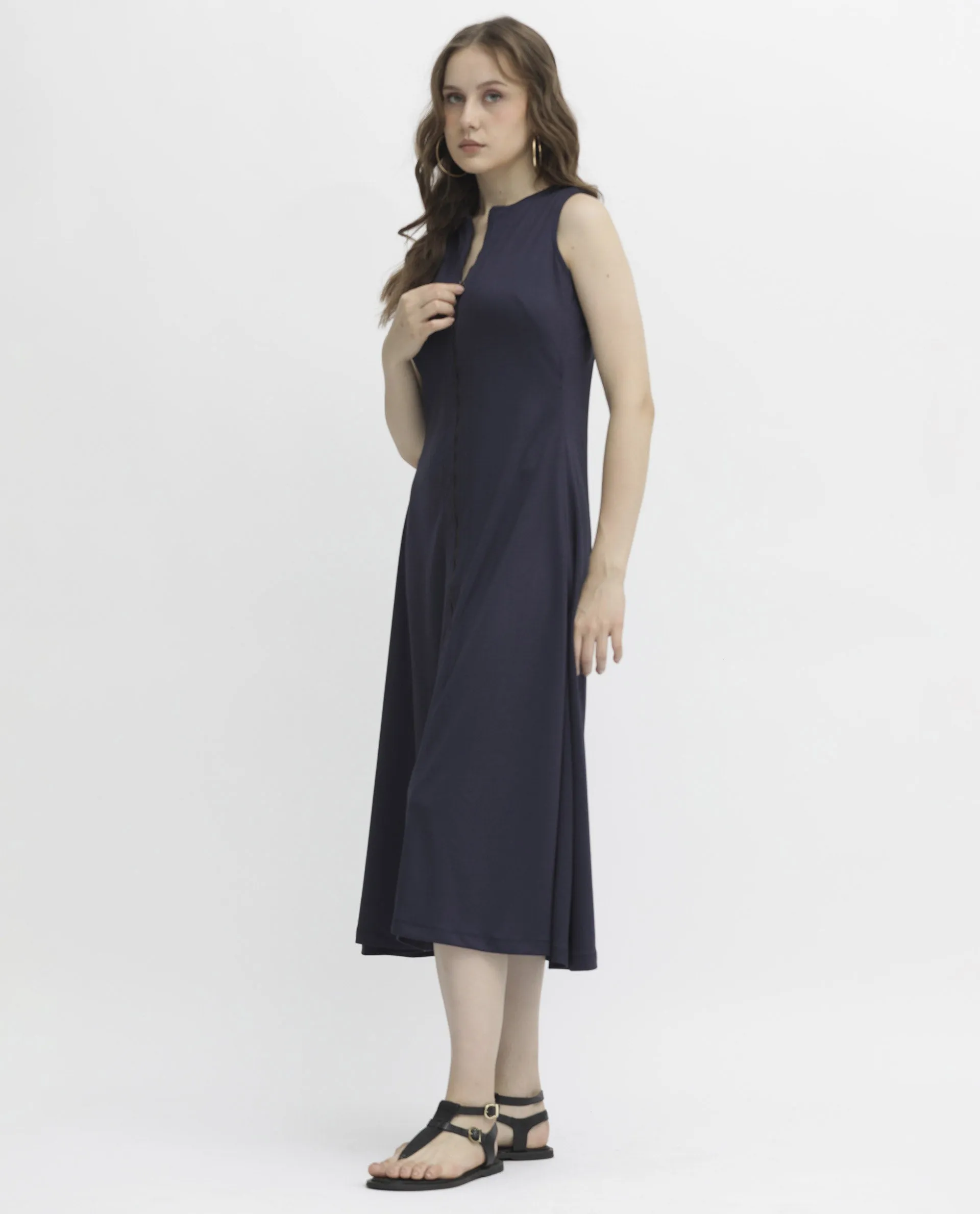 Rareism Women Shoko Dark Blue Polyester Fabric Zip Closure Round Neck Sleeveless Regular Fit Plain Midi A-Line Dress