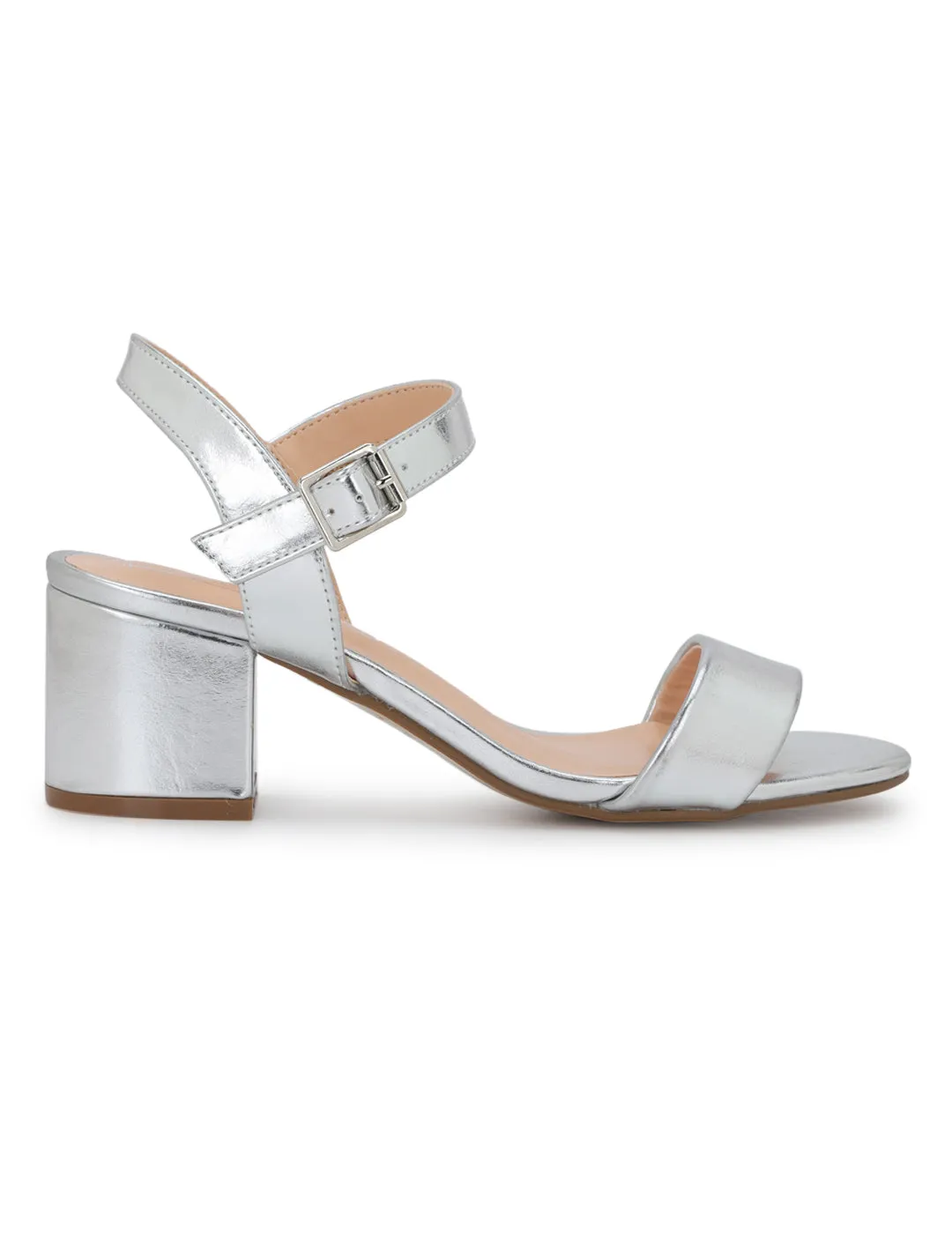 Silver PU Ankle Strap Low Block Heels