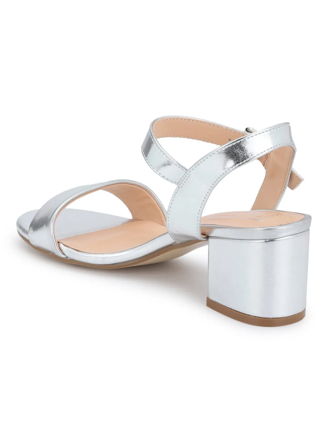 Silver PU Ankle Strap Low Block Heels