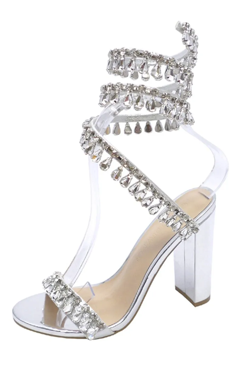 Silver Rhinestone Ankle Coil Heels