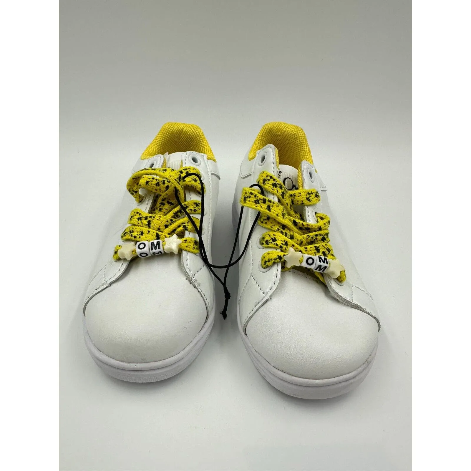 Small Kid Size 11 White Leather Fashion Sneakers with Yellow Trim