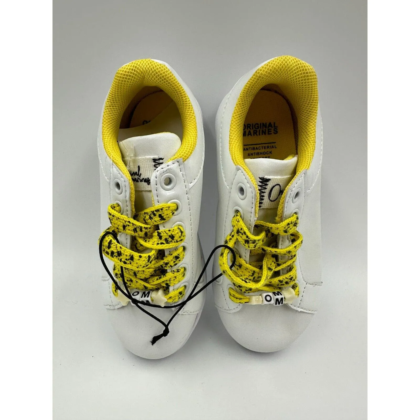 Small Kid Size 11 White Leather Fashion Sneakers with Yellow Trim