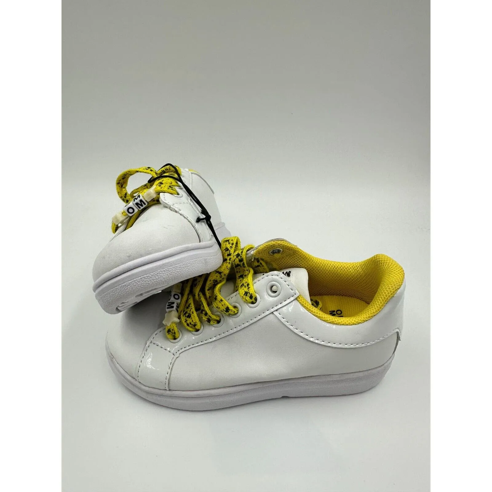 Small Kid Size 11 White Leather Fashion Sneakers with Yellow Trim