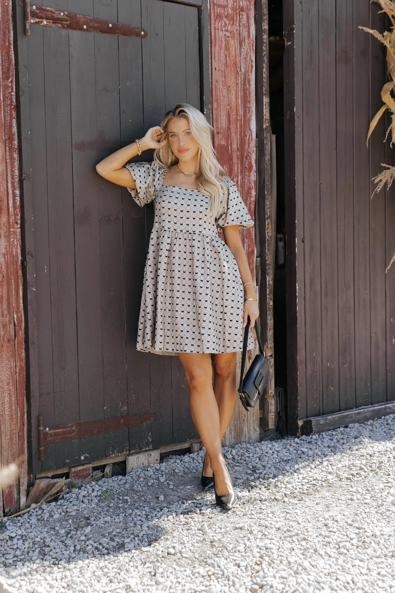 Taupe Puff Sleeve Bow Print Mini Dress - FINAL SALE