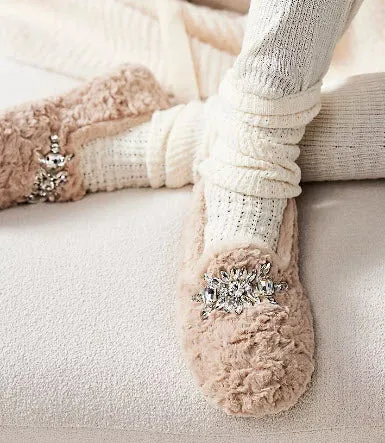 The Faux Fur Jeweled Slipper in Parchment