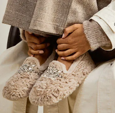 The Faux Fur Jeweled Slipper in Parchment