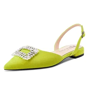 TNYNFBEB Women Chunky Block Low Heel Pointed Toe Flats Shoes Slingback Buckle Rhinestone Crystal Party Cute 0.6 Inches Heels Lime Green