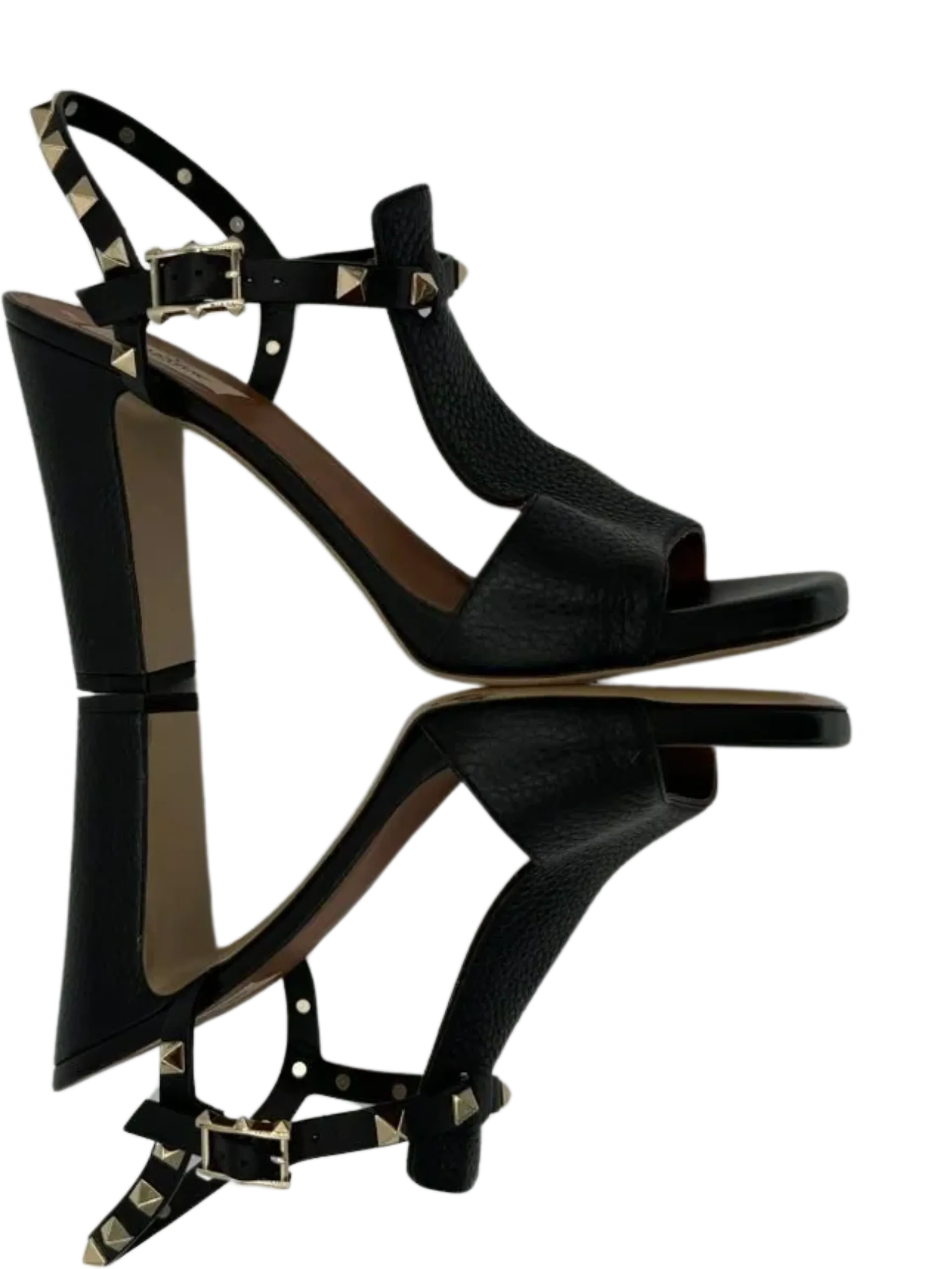 Valentino Black Leather Rockstud Open Toe Block Heel Ankle Strap Sandals