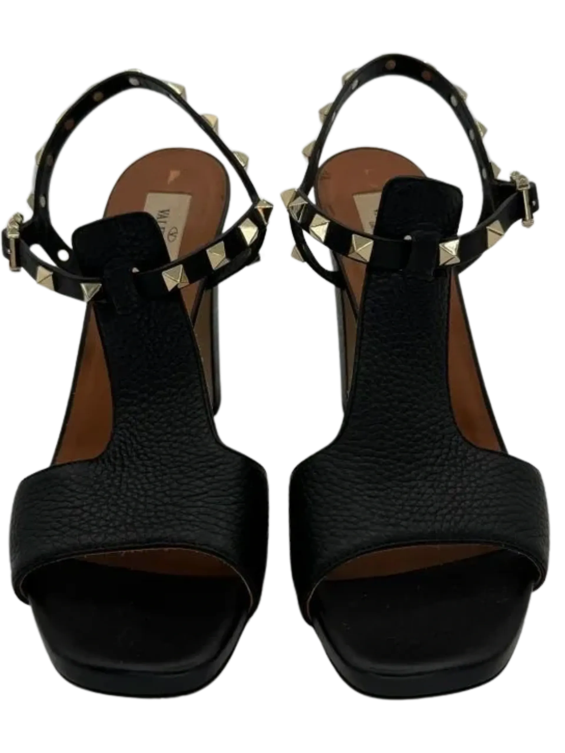 Valentino Black Leather Rockstud Open Toe Block Heel Ankle Strap Sandals