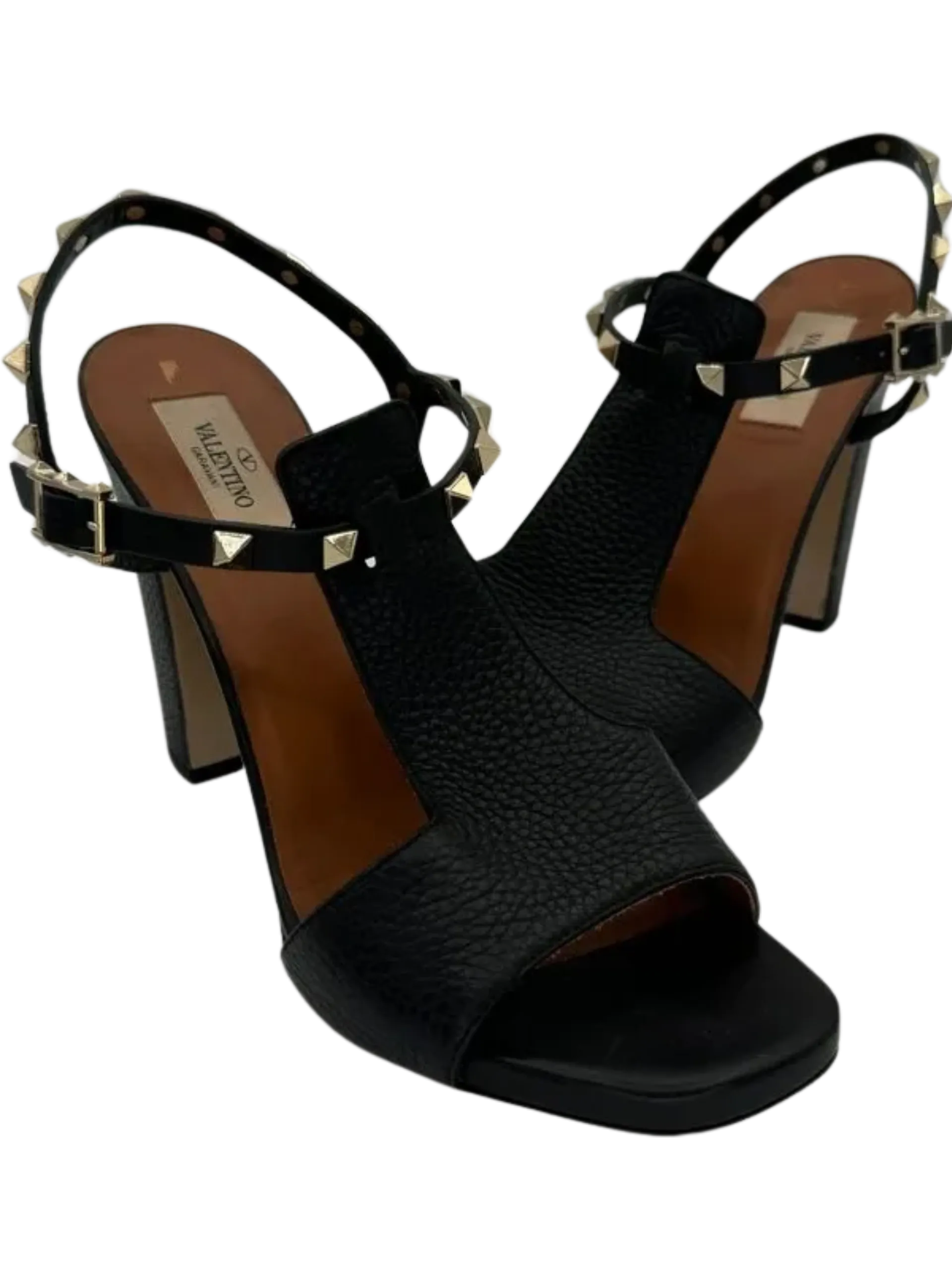 Valentino Black Leather Rockstud Open Toe Block Heel Ankle Strap Sandals