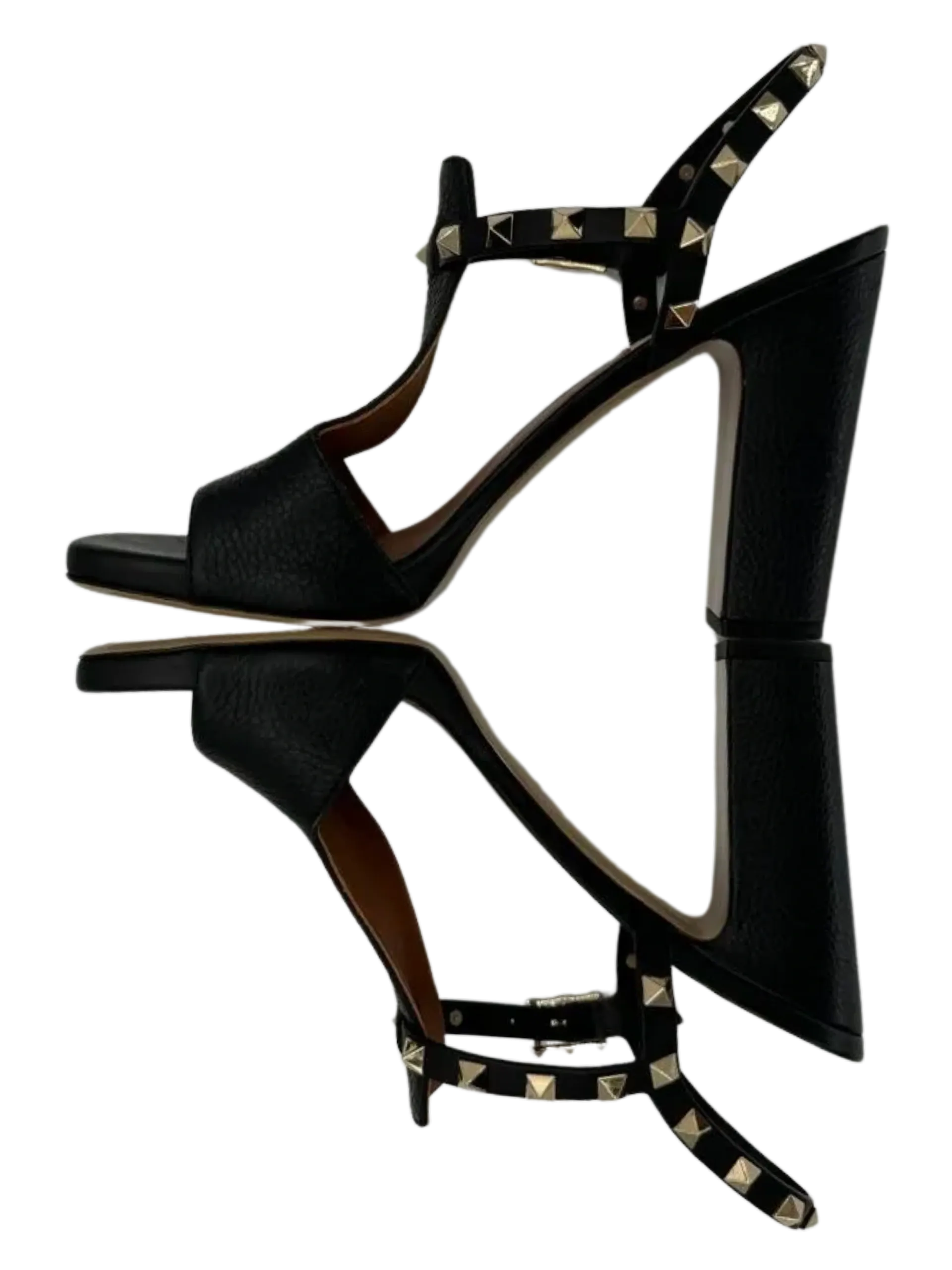 Valentino Black Leather Rockstud Open Toe Block Heel Ankle Strap Sandals