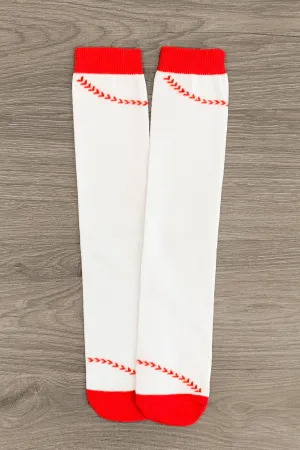 White & Red Baseball Laces Socks