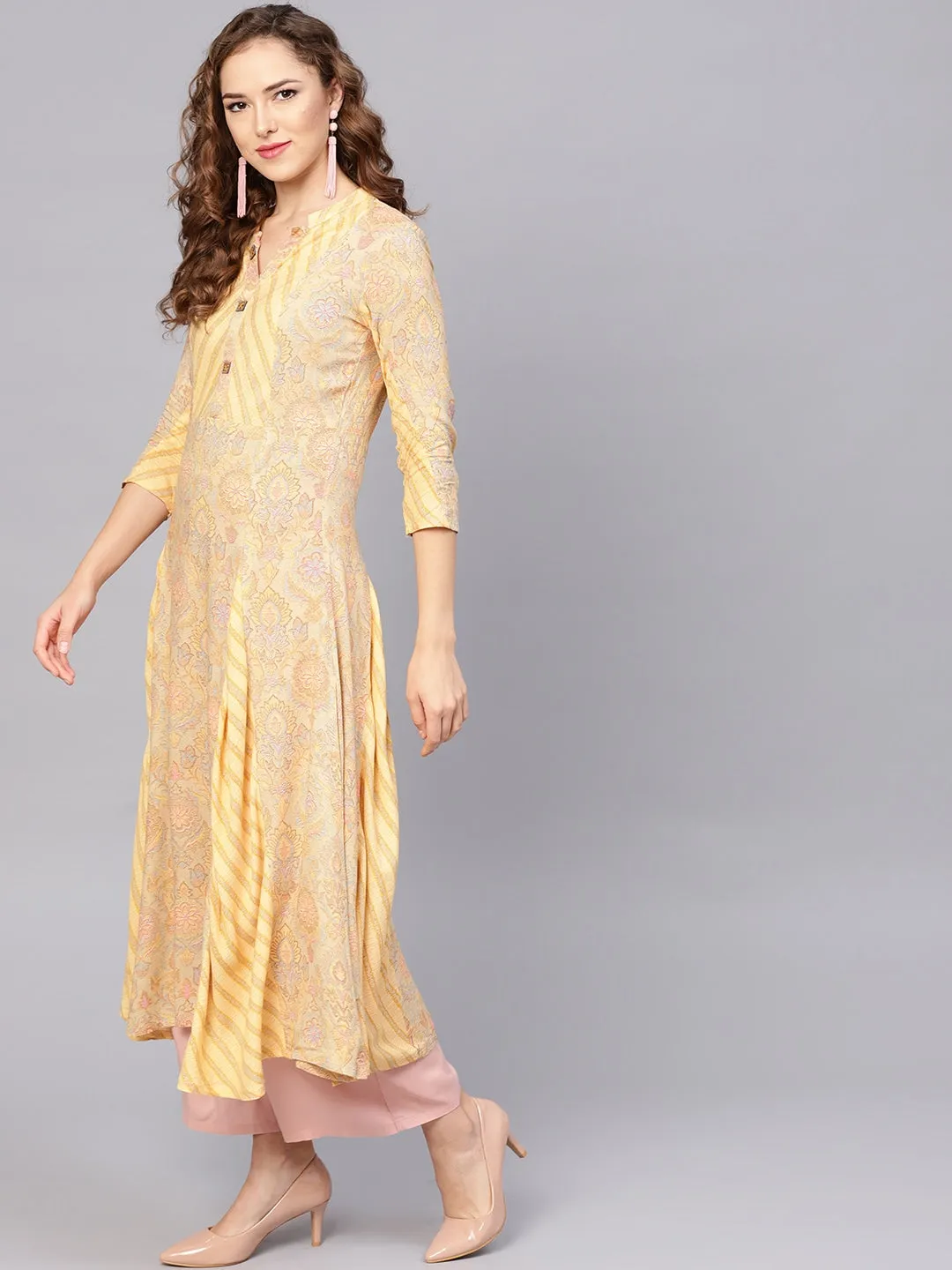 Women Beige & Yellow A-Line Kurta