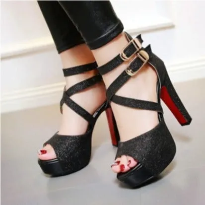 Women peep toe chunky criss cross buckle strap platform heels