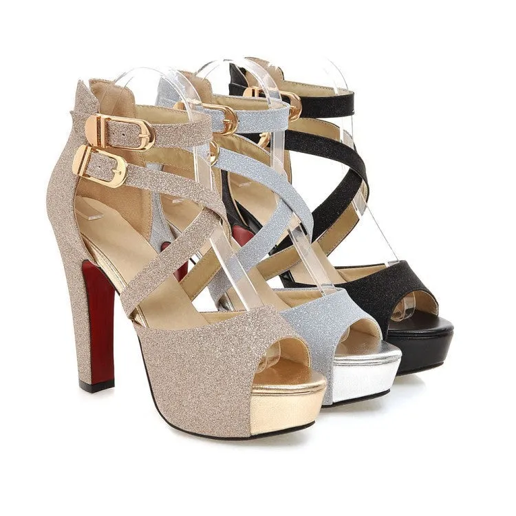 Women peep toe chunky criss cross buckle strap platform heels