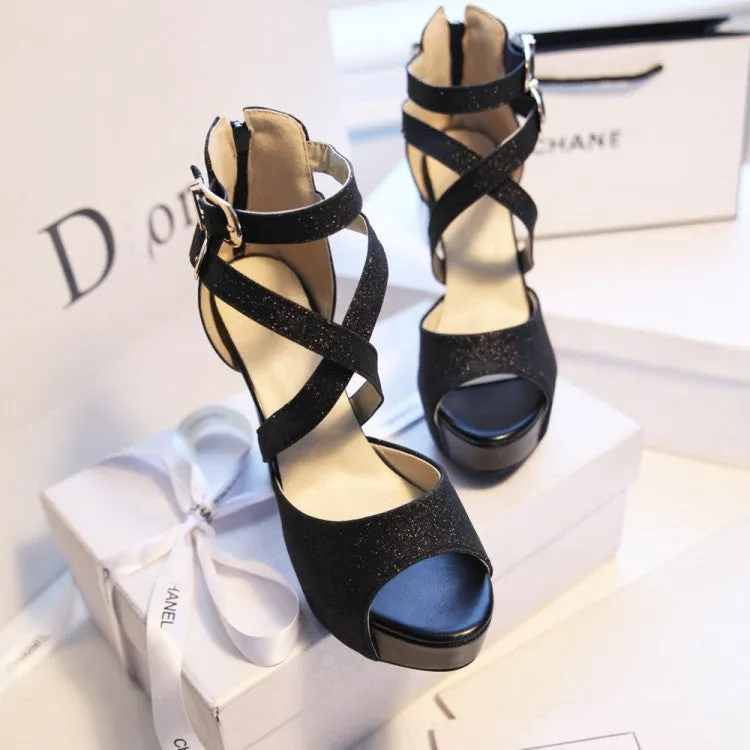 Women peep toe chunky criss cross buckle strap platform heels