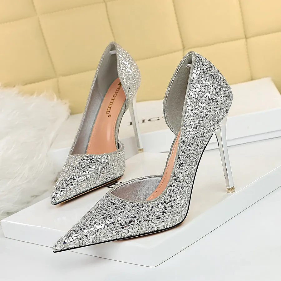 Women sequin pointed toe side cut sexy stiletto heels