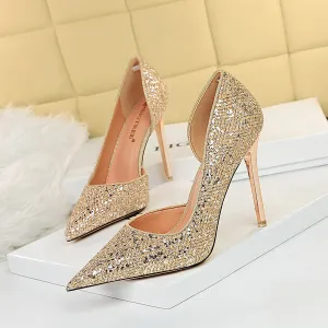 Women sequin pointed toe side cut sexy stiletto heels