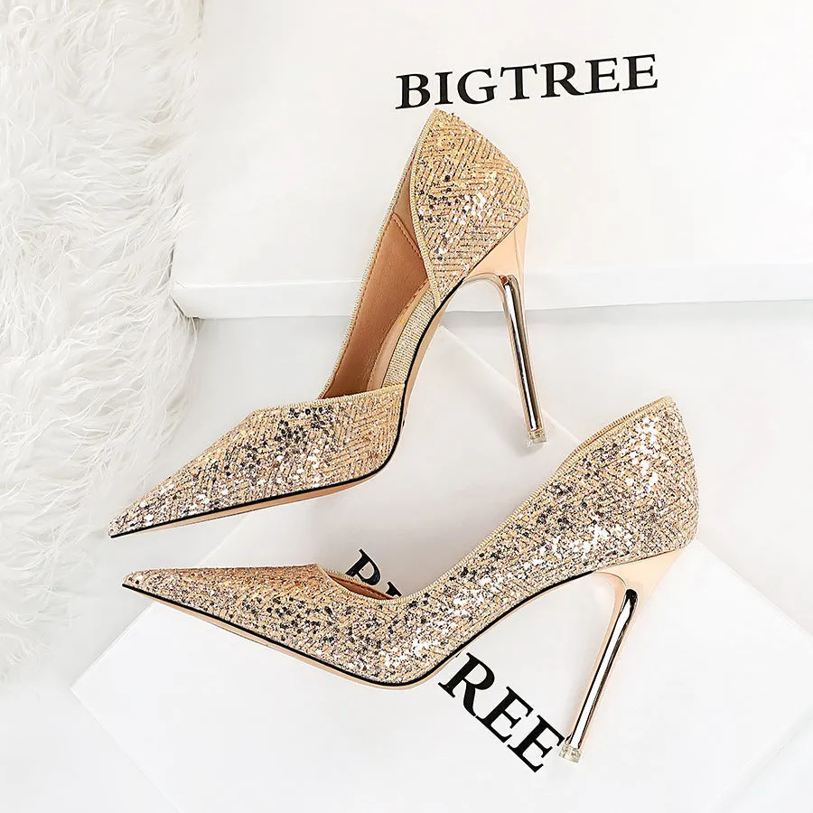 Women sequin pointed toe side cut sexy stiletto heels