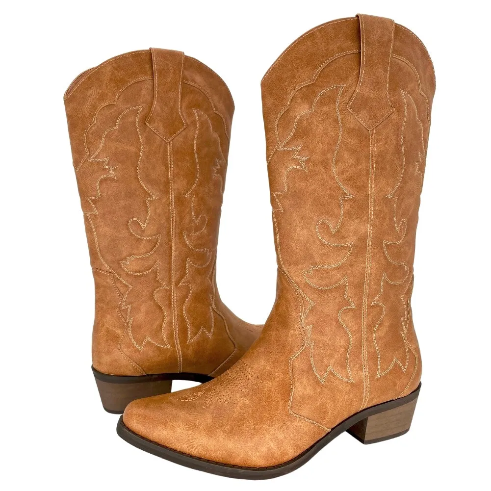 Womens Cowgirl Cowboy Boots Wide Calf Snip Toe Tan